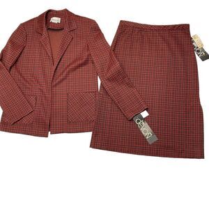 Vtg Deadstock Red Black Plaid 2 Piece Blazer Skirt Suit Women's Sz 10 Hollywood